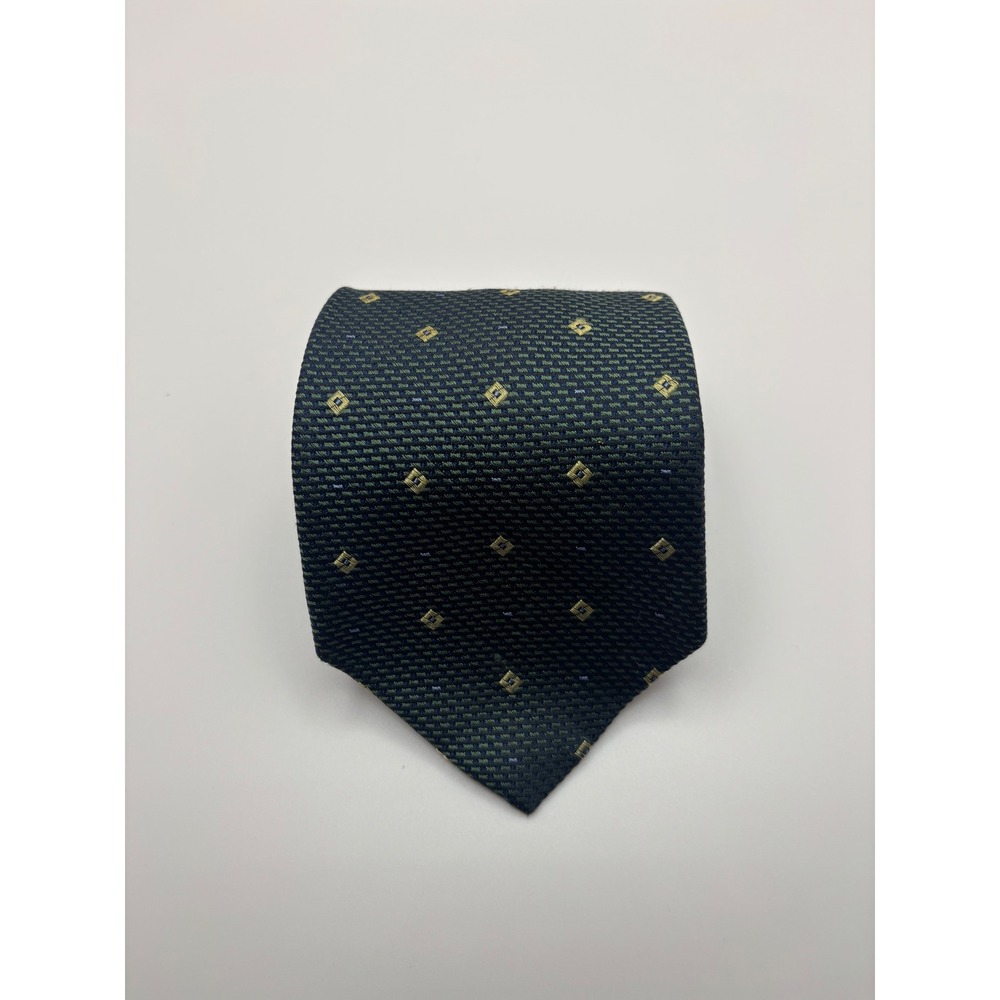 Tommy Hilfiger Mens Silk Necktie Green Navy Blue Gold Geometric Diamond Pattern